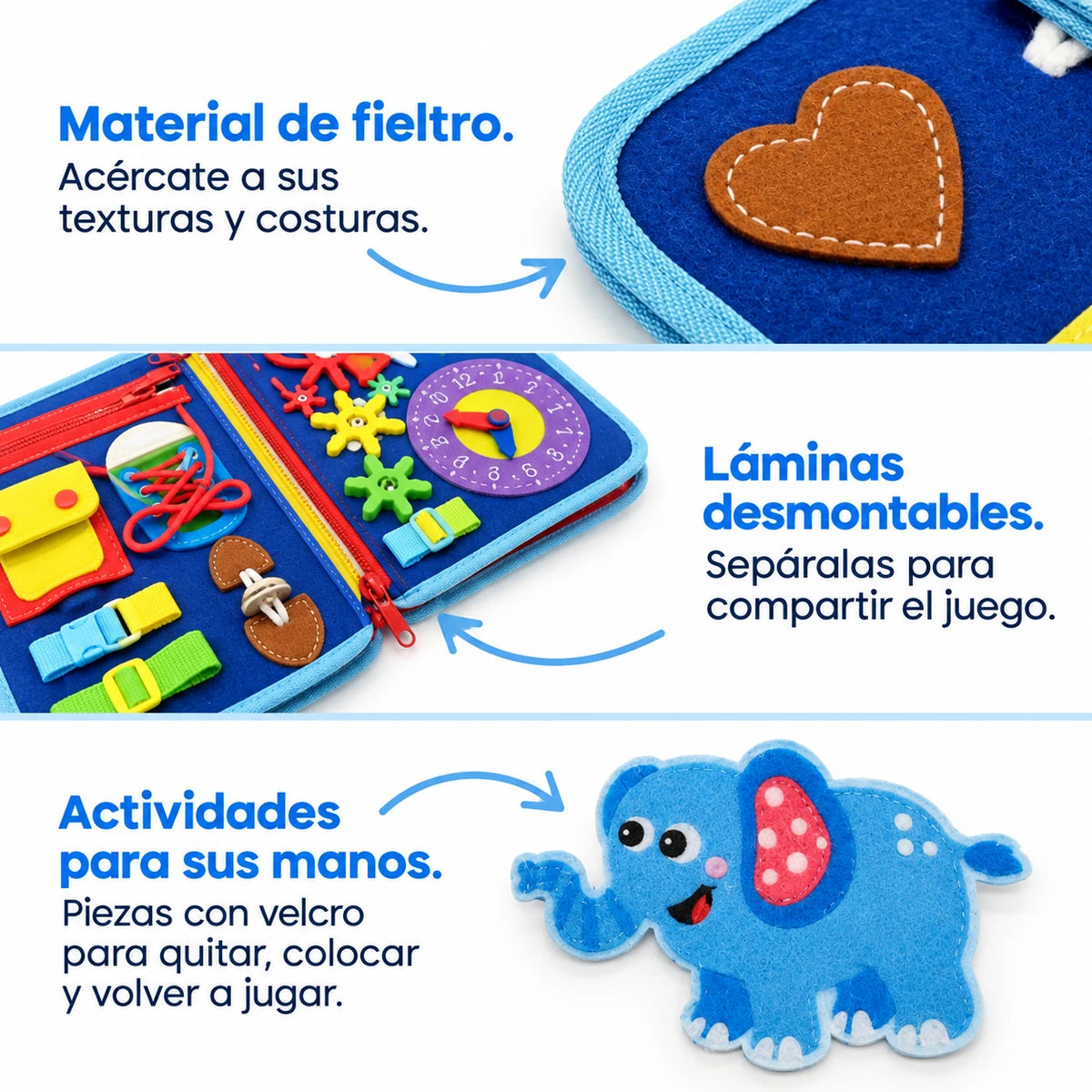 Detalles del fieltro, las láminas desmontables y las piezas con velcro.