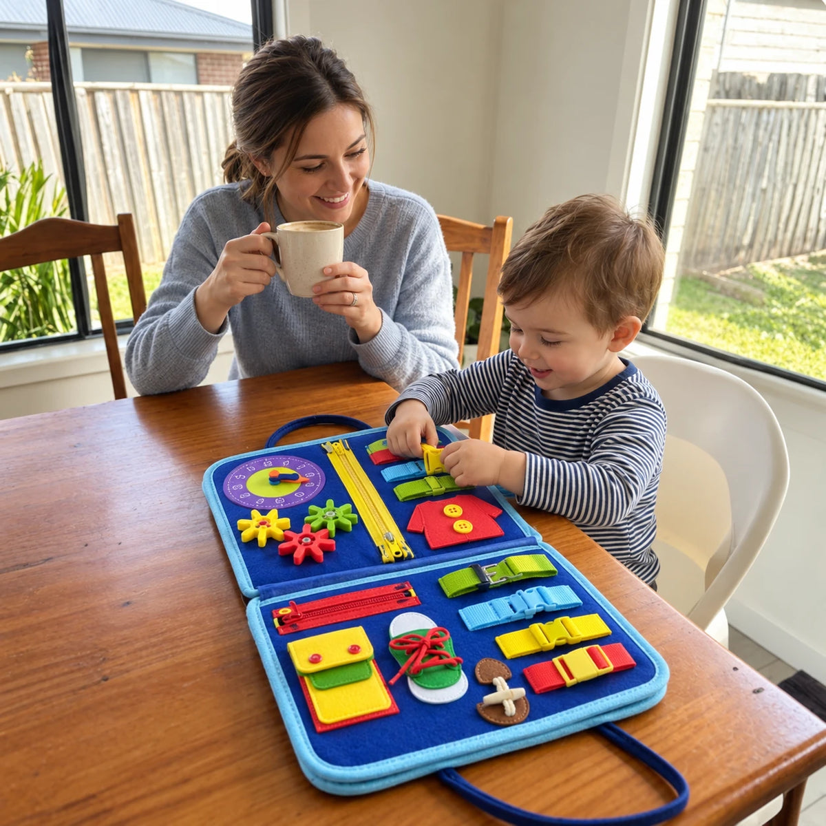 Peque jugando con el maletín azul en la mesa junto a mamá.