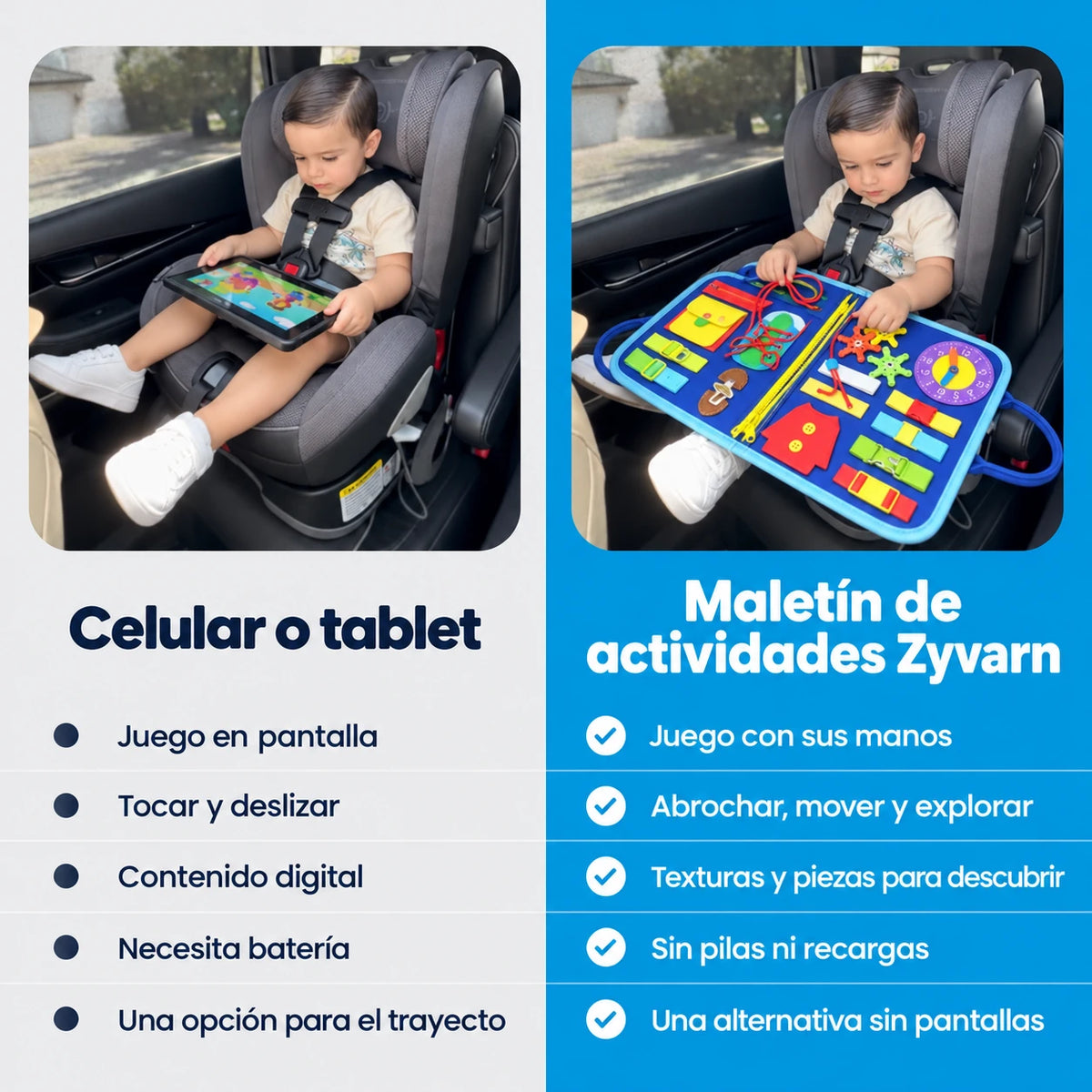 Comparativa de juego con celular o tablet y maletín de actividades Zyvarn.